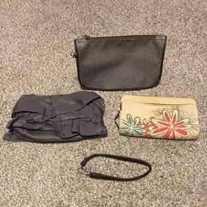 Thirtyone 4 piece bundle. Tan wallet wristlet, polka dot pouch, grey pouch